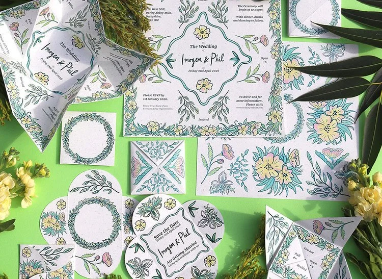 Botanical-themed wedding stationery suite by Different Day Design Studio, Dorset. Featuring hand-drawn floral illustrations in soft pastel tones, this elegant eco-friendly design is perfect for nature-loving couples planning a romantic garden or coun