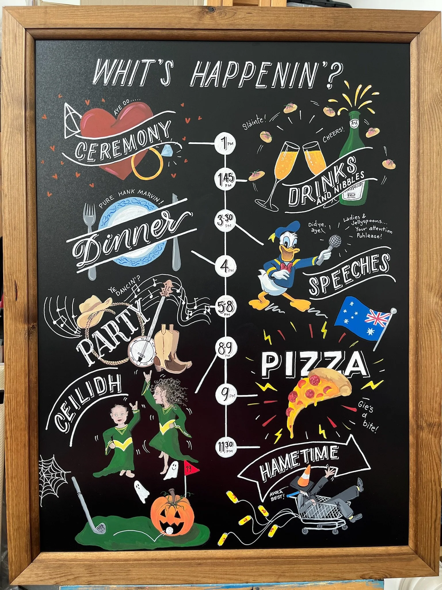 Illustrated wedding timeline board by Toasty Type, hand-painted on a chalkboard-style surface with bold lettering and playful illustrations. This bespoke wedding signage clearly maps out the day’s events while adding personality, colour and a fun, cu