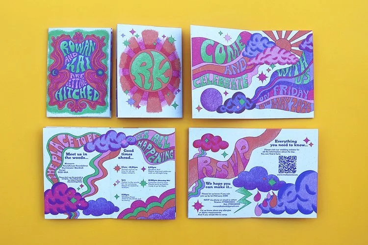 Retro-inspired wedding invitation suite by Different Day Design Studio, Dorset. Featuring bold psychedelic colours, playful typography, and 70s-style illustrations, this vibrant stationery design is perfect for fun-loving couples planning a creative,