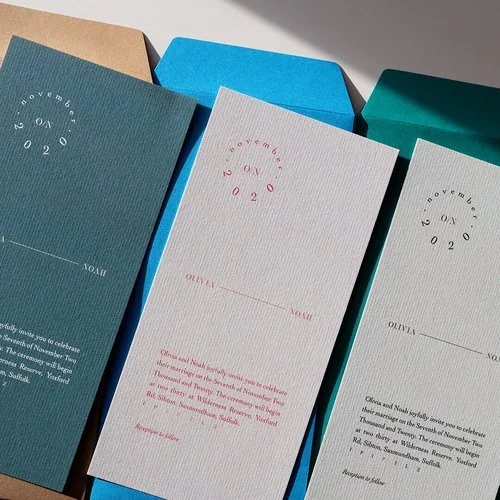 Modern minimalist wedding invitations by Pelirocco Design. Featuring sleek typography, textured paper, and a refined colour palette of teal, blush, and grey, this contemporary stationery set is perfect for couples seeking elegant, design-led wedding 