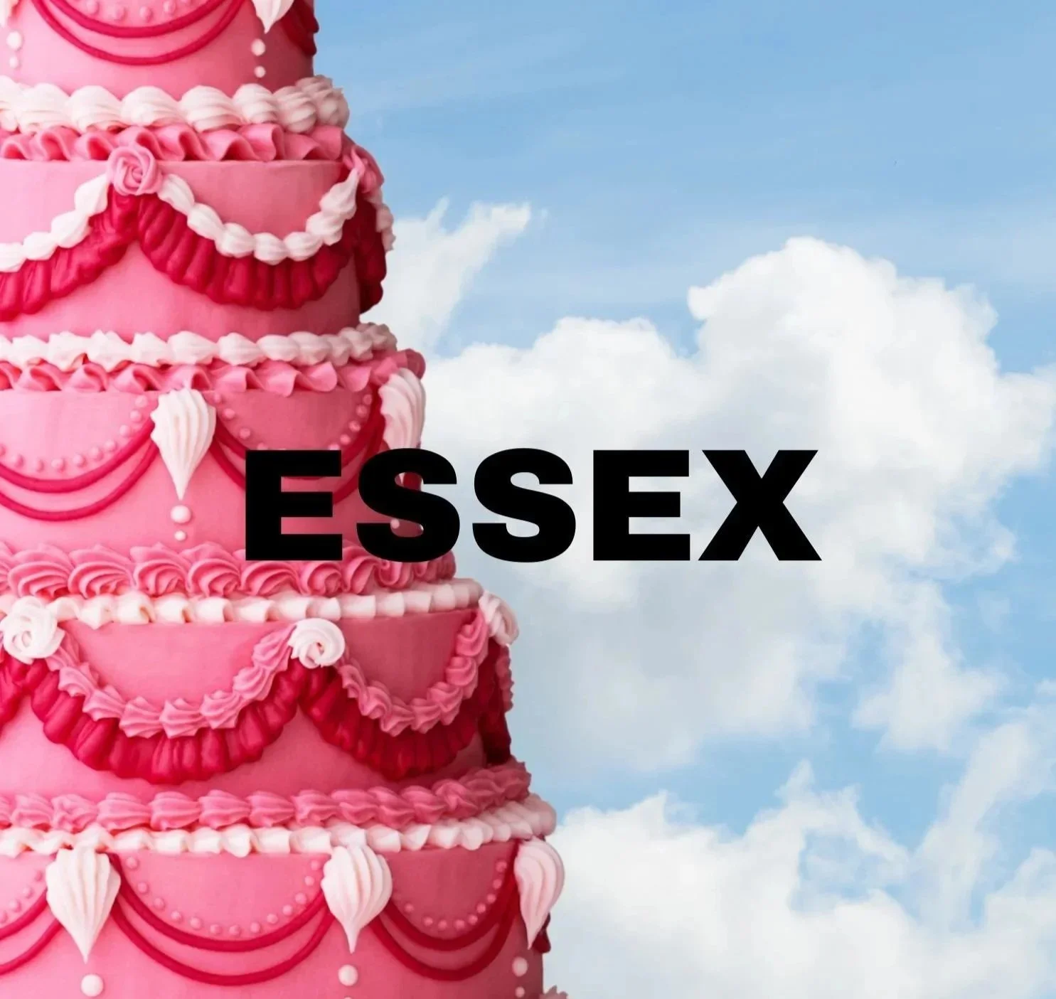A pink and red wedding cake on a cloud background