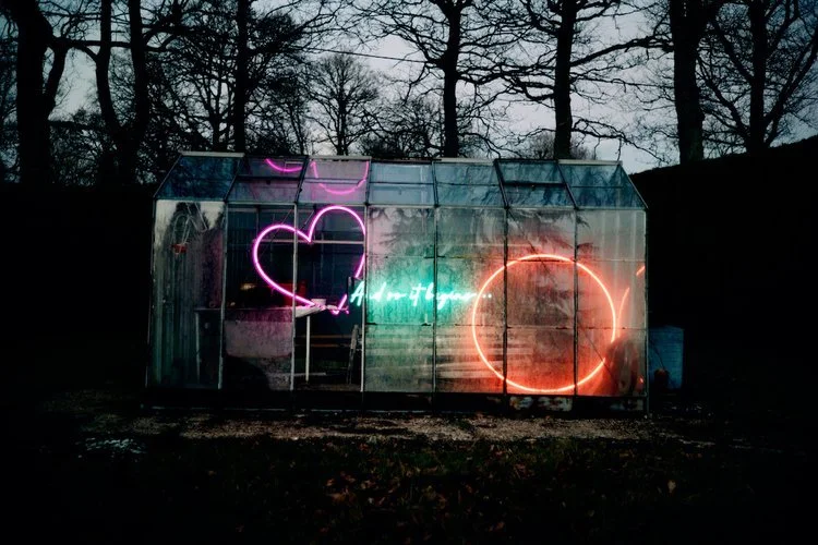 My Colour is Gold neon installation featuring a glowing pink heart, orange circle, and handwritten script on a glasshouse, creating a striking wedding or event backdrop.