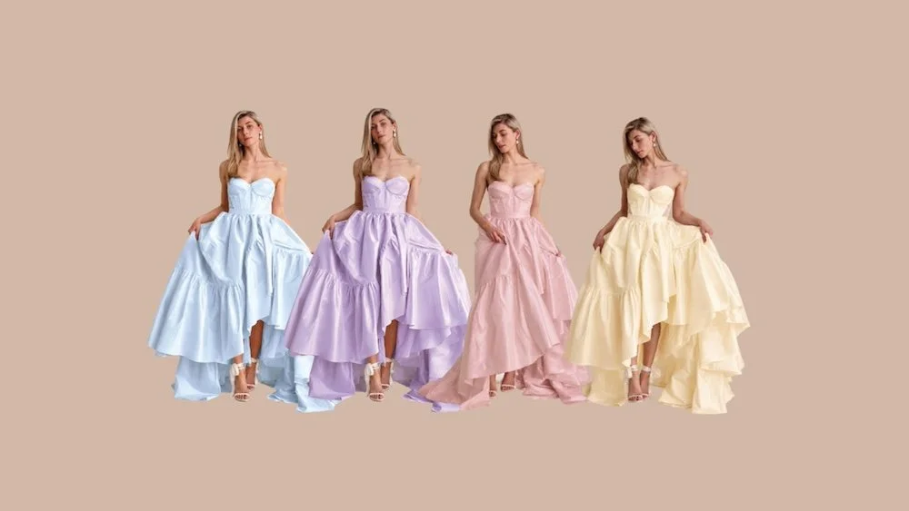 A selection of pastel wedding dresses by Swans Bridal.