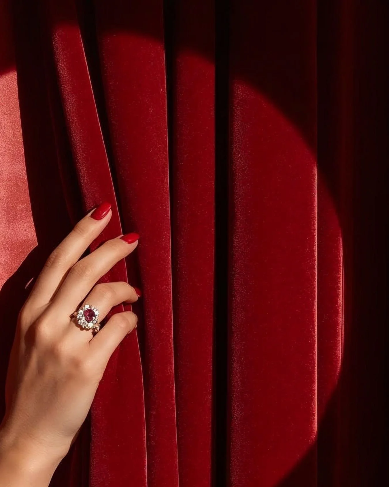 An wedding entertainer's hand is holding back a red velvet curtain.