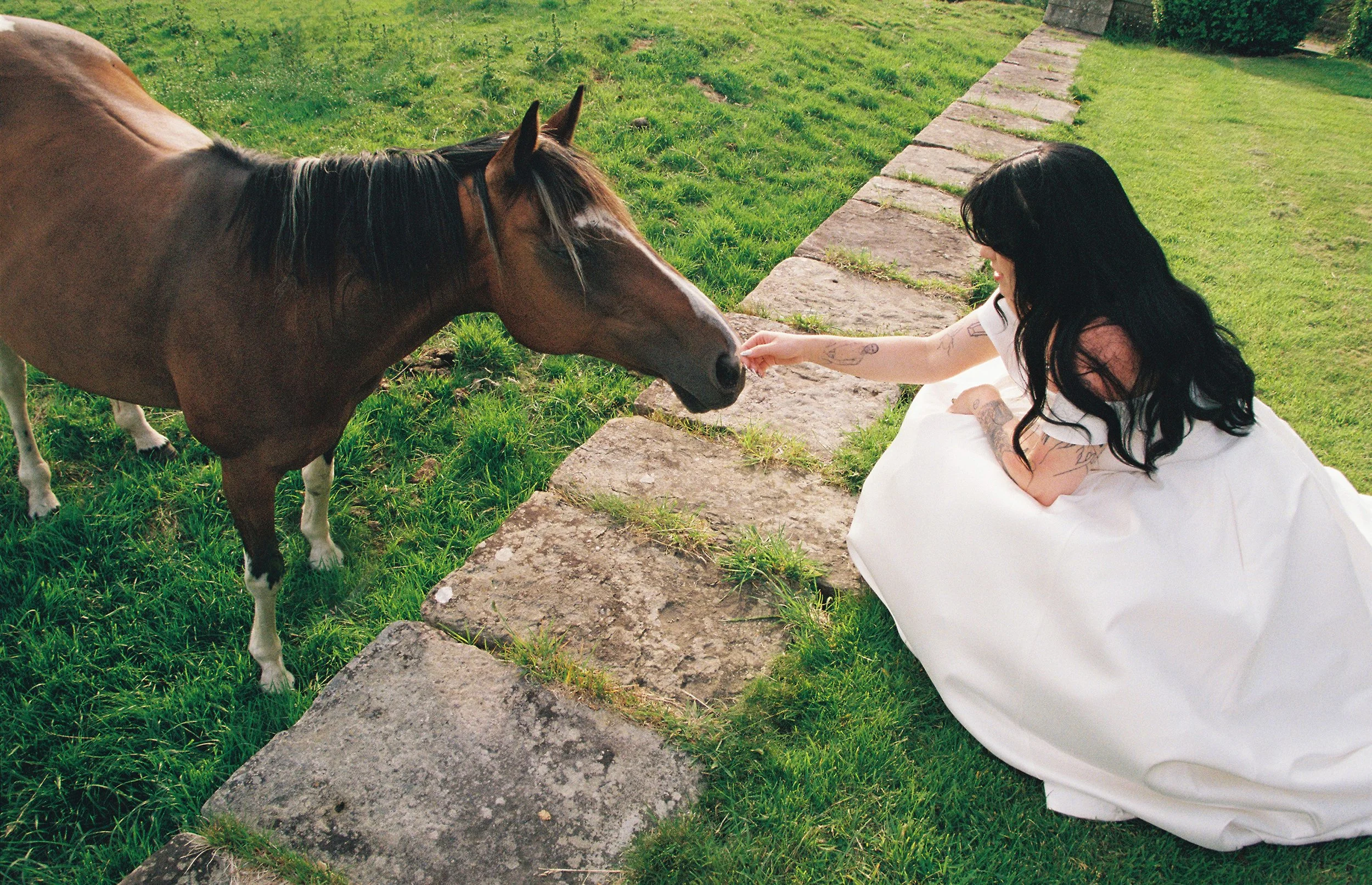 Elizabeth Royse Photography captures a quiet moment between a bride in a voluminous white gown and a gentle brown horse as she kneels on a stone path and reaches out to touch its muzzle, with soft sunlight illuminating the lush green lawn around them
