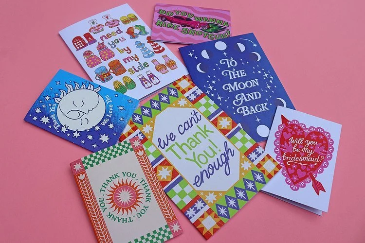 Colourful wedding cards and stationery by Different Day Design Studio, Dorset. Featuring bold retro typography, playful patterns, and heartfelt messages, this vibrant collection includes thank-you cards, bridesmaid proposals, and love notes - perfect