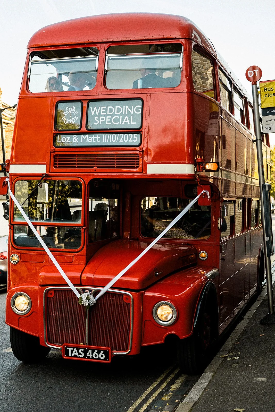 A red double decker wedding bus.
