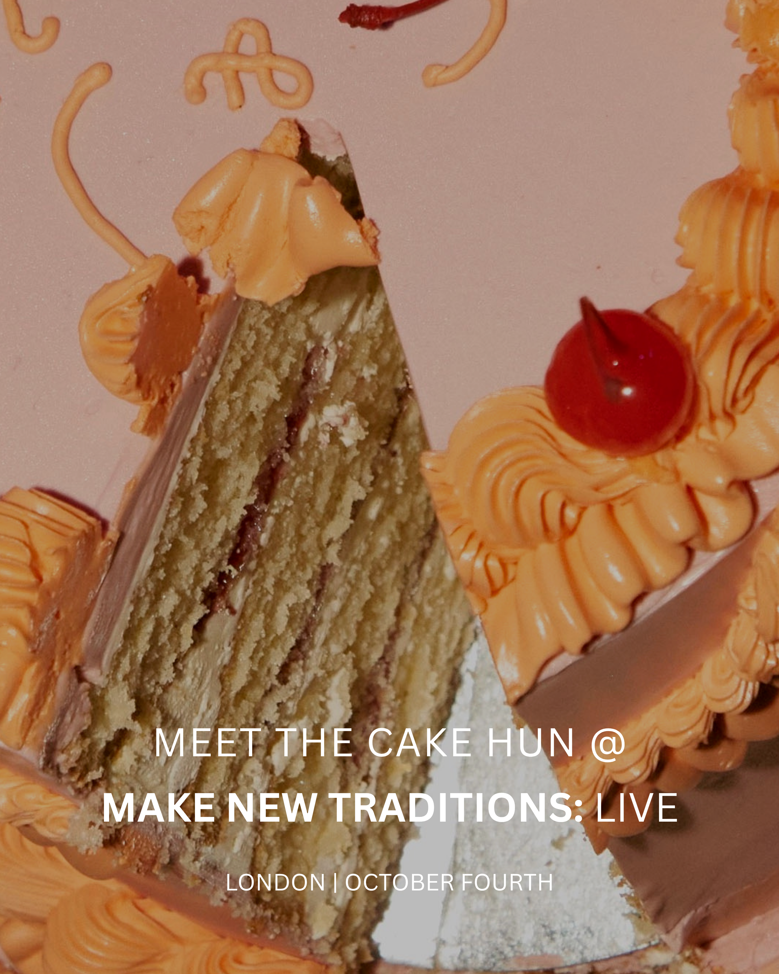 A promo graphic for Make New Traditions: Live with a close up of a wedding cake by The Cake hUN.