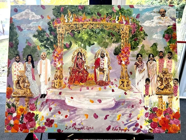 Rose Popay Event Artist vibrant painting of an Indian wedding ceremony, capturing the couple under a golden mandap surrounded by family and flowers.