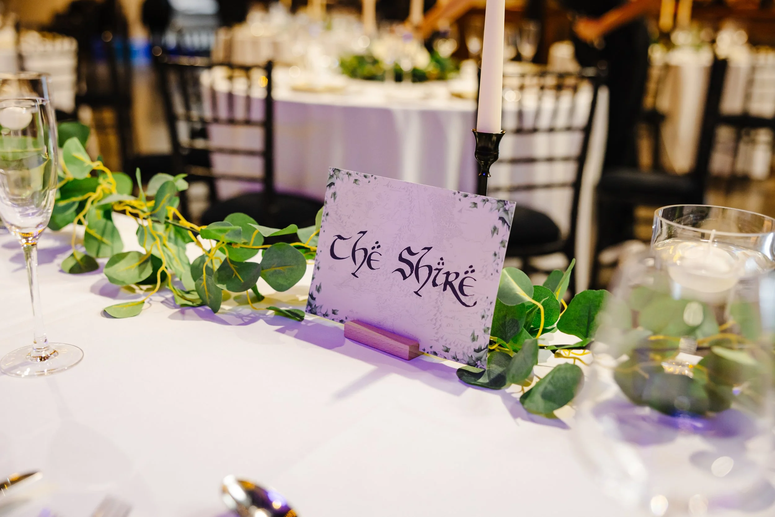 A wedding table named 'The Shire' in keeping with the Lord of the Rings 'Middle Earth' themes for the various tables.