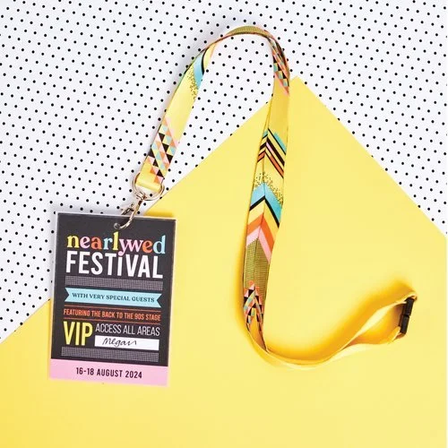 Colourful VIP lanyard pass reading 'Nearlywed Festival' with bold festival-style graphics, designed by Melon Teaspoon for personalised wedding and party stationery.