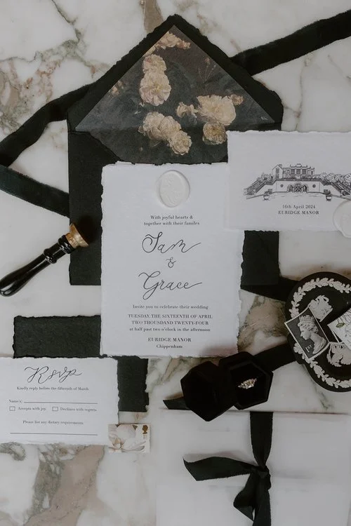 A timeless monochrome wedding stationery suite by Blue Pumpkin Calligraphy, styled with a touch of vintage elegance. Featuring deckle-edged paper, delicate hand-lettered calligraphy, and classic black ink, the design exudes refined sophistication. Th