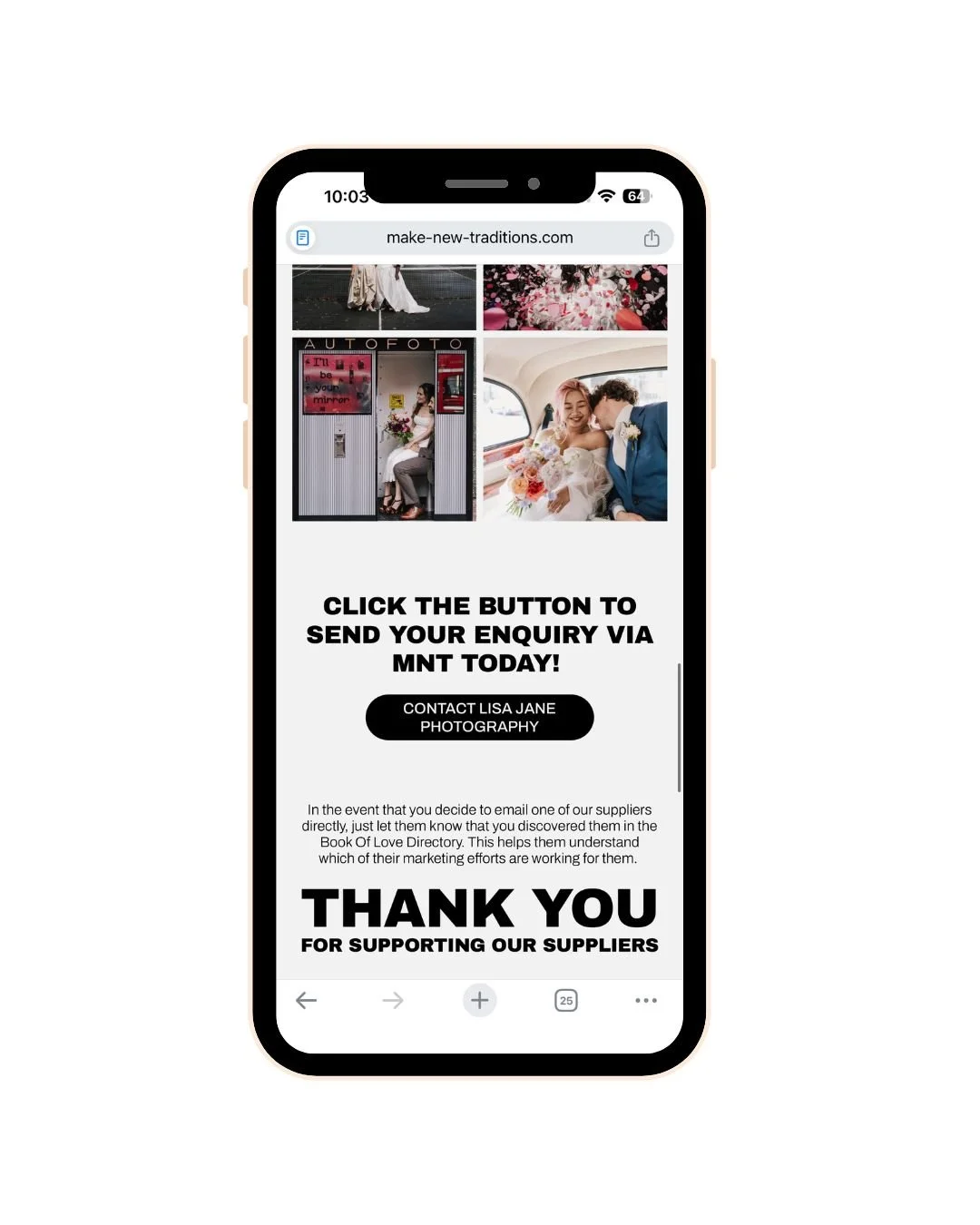 A phone screen showing an example of a wedding photographer's listing in the Book Of Love directory.