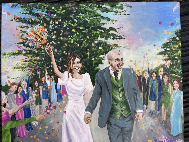 Rose Popay Event Artist colourful painting of newlyweds walking through confetti, capturing the joy and atmosphere of a wedding celebration.
