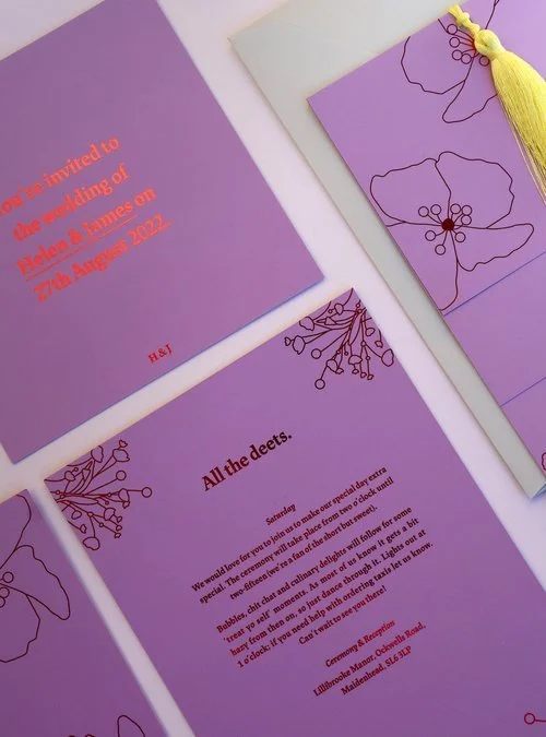 Contemporary lilac wedding invitation suite by Pelirocco Design. Featuring minimalist floral line art, bold typography, and a striking yellow tassel, this elegant design combines modern sophistication with playful colour - perfect for couples seeking