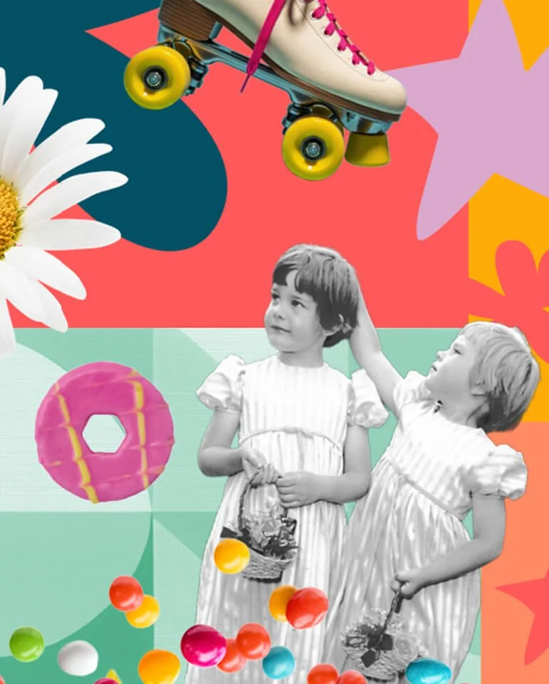 A collage of 2 children with a roller-skate, sweets and flowers.