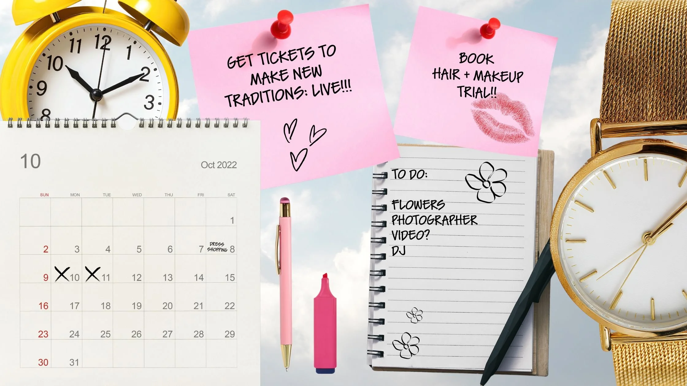 A collage of things to do with wedding timelines including alarm clock, note book and a calender.