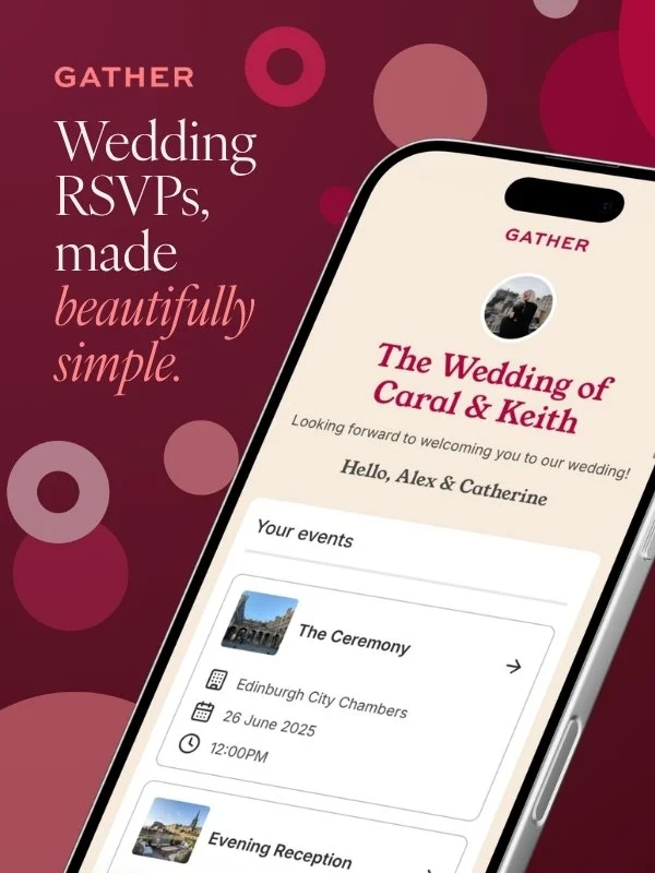 Wedding RSVP's made beautifully simple. A picture of the Gather app showing a wedding for Carol and Keith. 