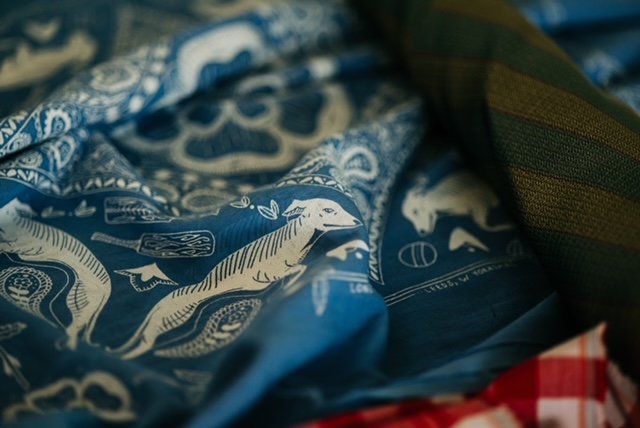 A close-up of patterned fabrics shows a blue textile printed with detailed illustrations of animals, plants and decorative motifs, partially layered beneath a piece of green striped material and a red checked cloth. The textures and colours highlight