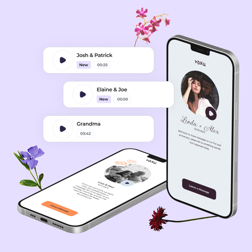 A modern digital display of the VOXU Audio Guestbook interface showing voice messages from wedding guests including “Josh & Patrick,” “Elaine & Joe,” and “Grandma.” Two smartphones are styled with delicate flowers on a lilac background, showcasing ho