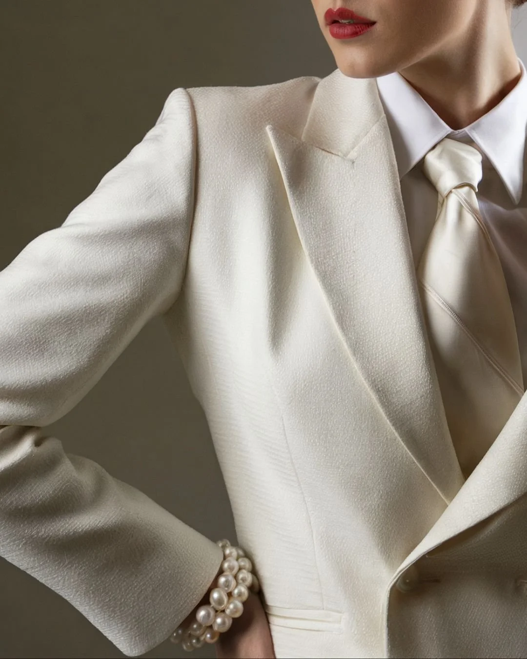 A close up pf a bride wearing a white suit inspired by Dua Lipa's wedding. She has a silk tie and a bold, red lip.