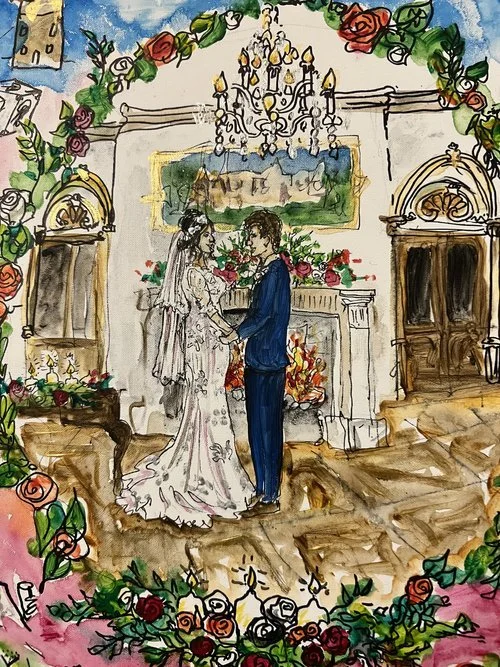 Rose Popay Event Artist hand-painted wedding illustration capturing the bride and groom during their ceremony in a colourful, expressive style.