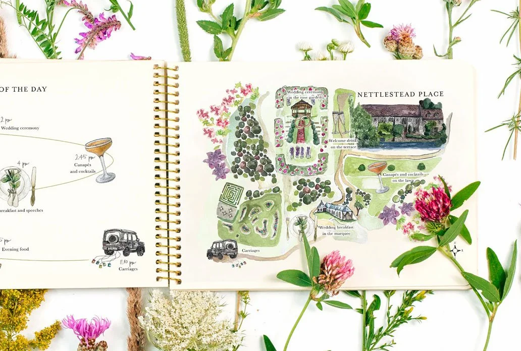 A beautifully illustrated wedding day timeline and venue map by Feather & Ink Stationery presented in a spiral bound booklet featuring hand painted scenes of Nettlestead Place including the rose garden ceremony, terrace drinks, marquee breakfast and 