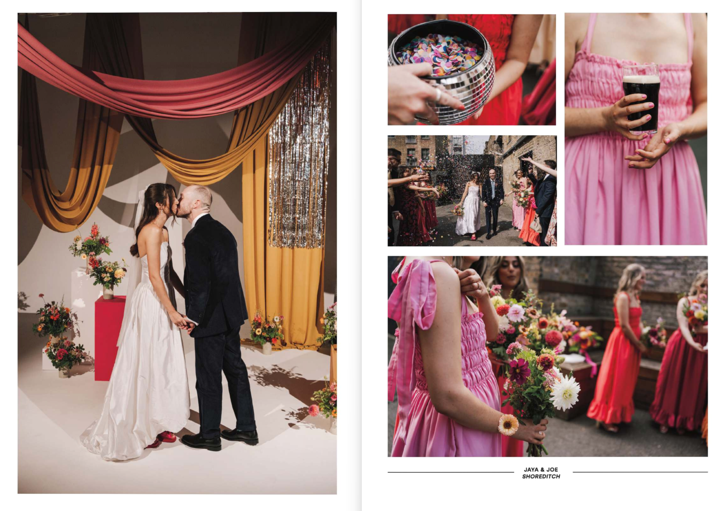 A real wedding feature in MNT Magazine, Issue 3. There is a double page spread of a bride and groom kissing and then a series of colourful images of bridesmaids in pink dresses with confetti.