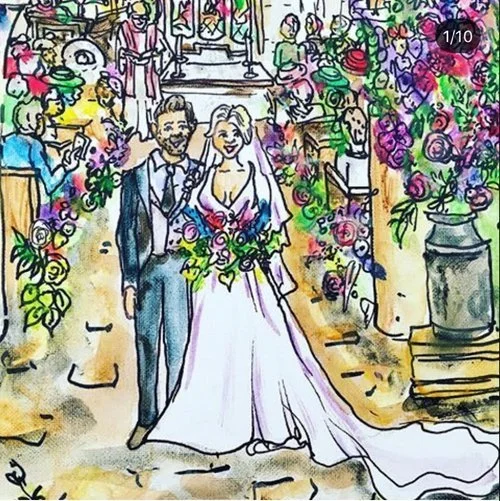 Rose Popay Event Artist hand-drawn wedding illustration of a bride and groom walking down the aisle, surrounded by colourful flowers and guests.