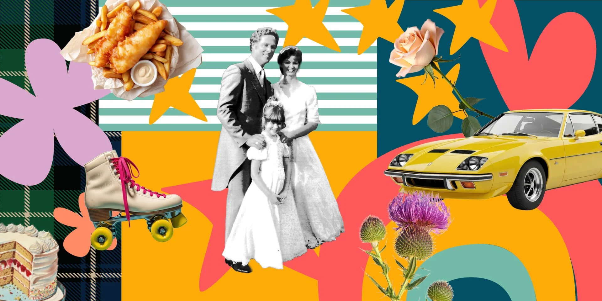 A collage of a married couple with a sports car, a roller-skate, hearts and flowers.
