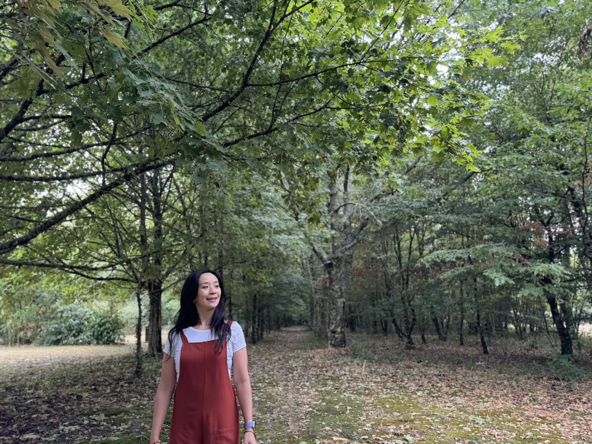 Li Lamb, hypnotherapist in Ilkley, Yorkshire walking along a peaceful woodland trail, promoting calm, emotional well being, and subconscious healing