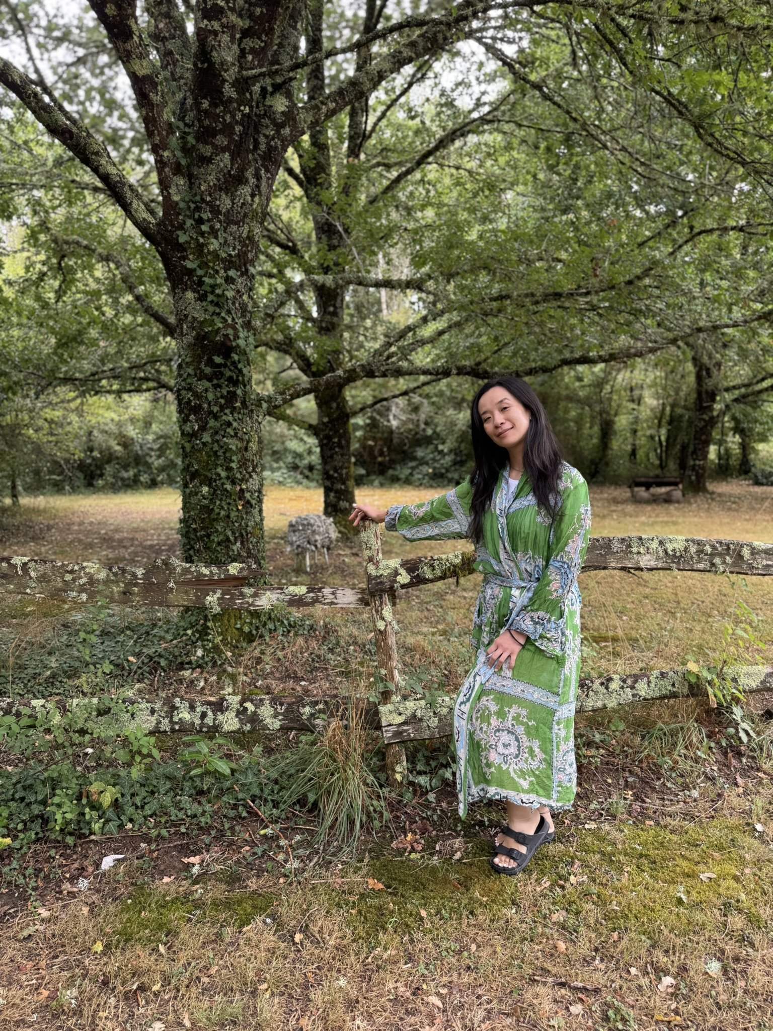 Li Lamb, hypnotherapist based in Ilkley, Yorkshire, standing outdoors by a wooden fence in nature, reflecting her holistic approach to anxiety, confidence, emotional healing, relationship therapy