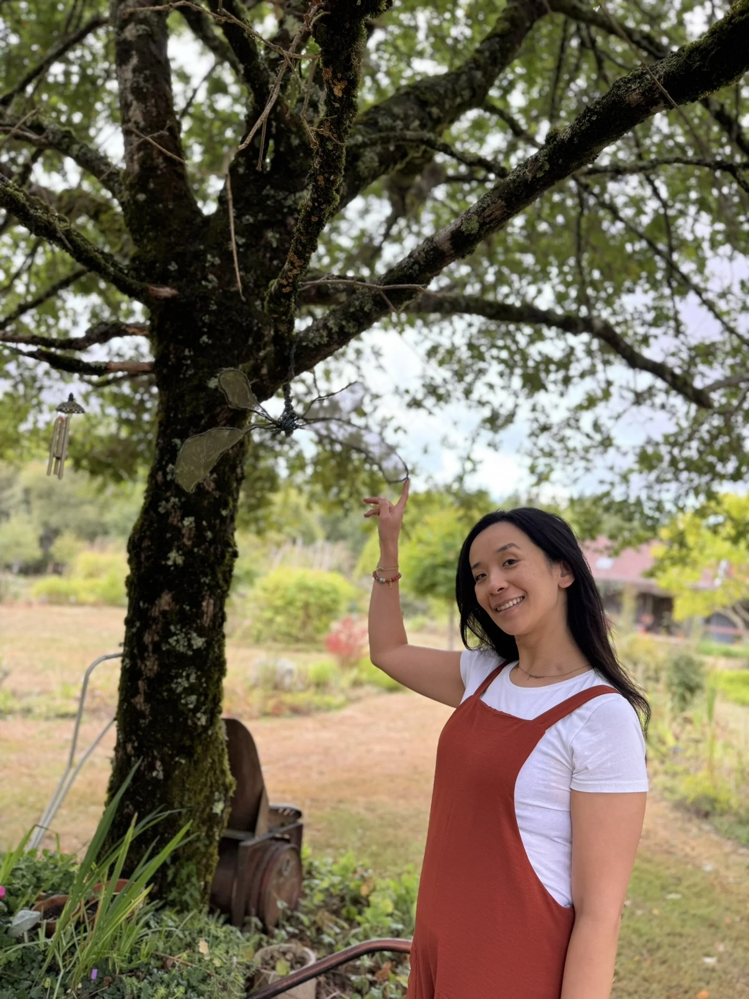Li Lamb, hypnotherapist in Ilkley, Yorkshire, standing beside a large tree in a quiet outdoor space, symbolising grounding, clarity, and inner transformation