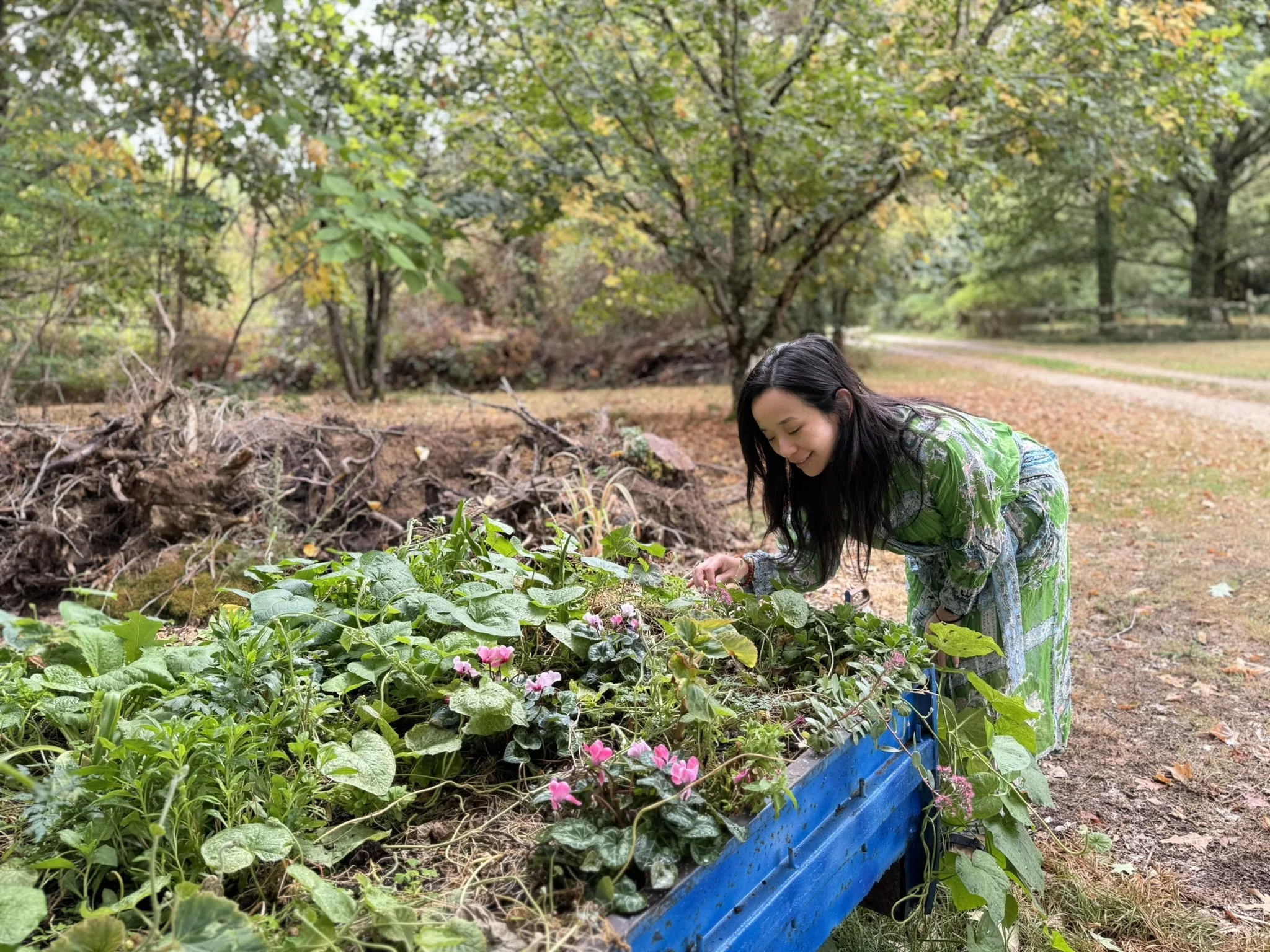 Li Lamb, holistic hypnotherapist in Ilkley, Yorkshire, tending to a garden bed in a peaceful park, representing mindfulness, grounding, and natural emotional balance