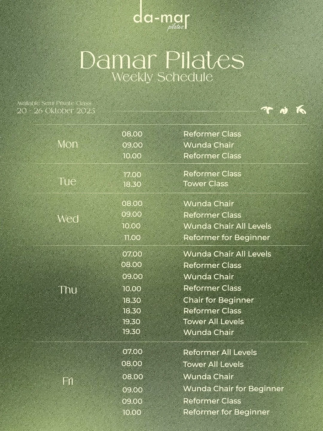 A new week, a new chance to reconnect with your body.
Whether you&rsquo;re coming from a long week at work or simply need a quiet pause in the middle of your day &mdash; your mat is always here for you. ✨

Here&rsquo;s our schedule for this week 💛
F