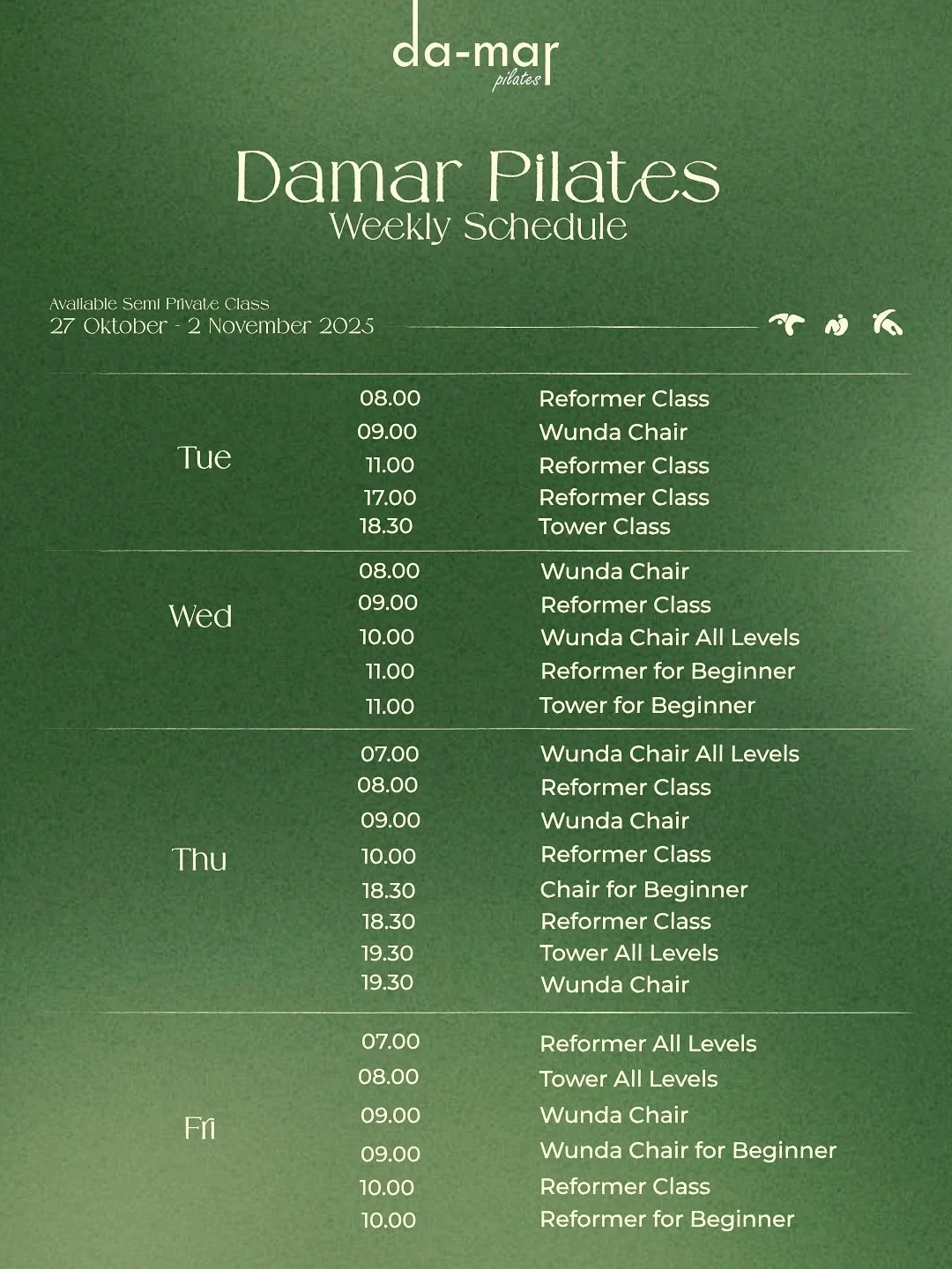 Your session is waiting &mdash; whether it&rsquo;s to recharge, refocus, or simply breathe a little deeper this week. 🌿

Here&rsquo;s our weekly schedule &mdash; take a look, find your moment, and let&rsquo;s move mindfully together at Damar.
Every 