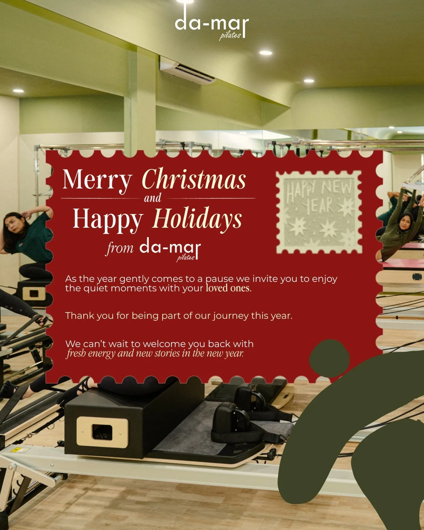 Happy Holidays from all of us at Damar Pilates 💛
We&rsquo;re stepping into a little break to rest and reset &mdash; just like the body needs.

Thank you for being part of our journey this year. We can&rsquo;t wait to welcome you back with fresh ener