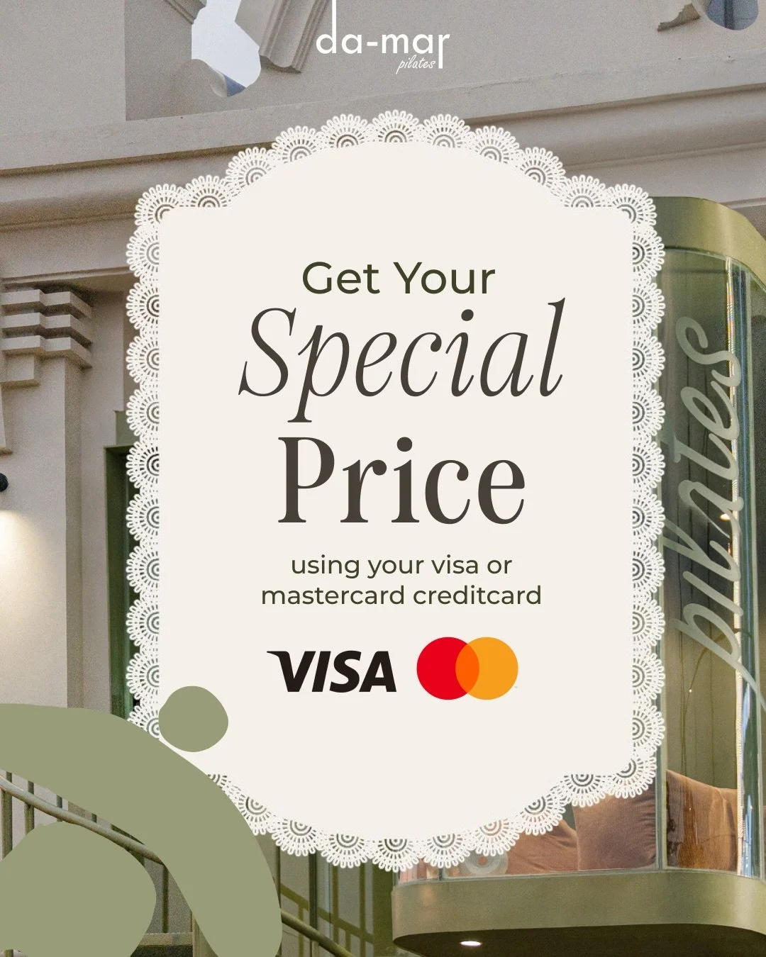 Special for you who pay mindfully ✨
Enjoy a special price when you book your Pilates session using a credit card.
Because taking care of your body should feel easy, seamless, and rewarding.
Let your movement flow&mdash;your payment can too. 💳🤍

T&a