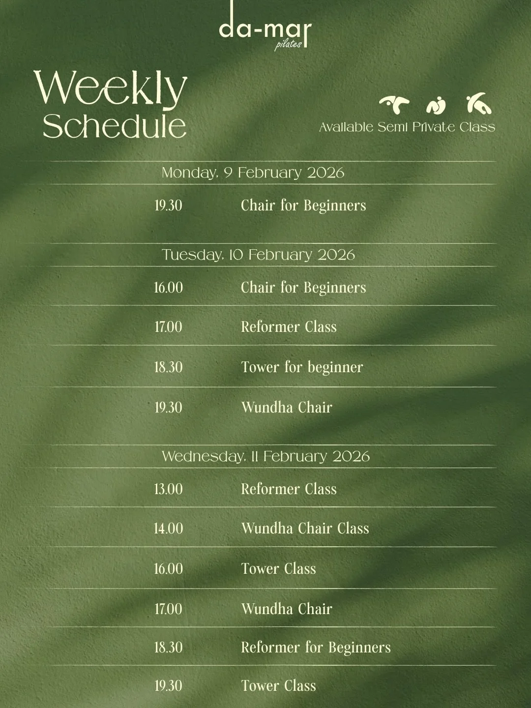 Your weekly rhythm, guided with intention.
At Damar, every session is a quiet conversation between your body and mindful movement &mdash; unrushed, personalized, and fully supported by expert guidance.

✨ Private &amp; specialty sessions available
✨ 