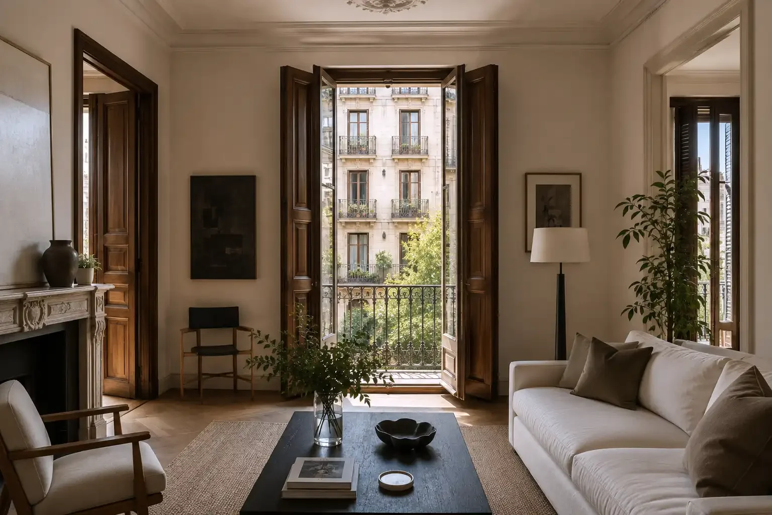 Interior de un piso en Barcelona con balcón y vistas a un edificio residencial tradicional.