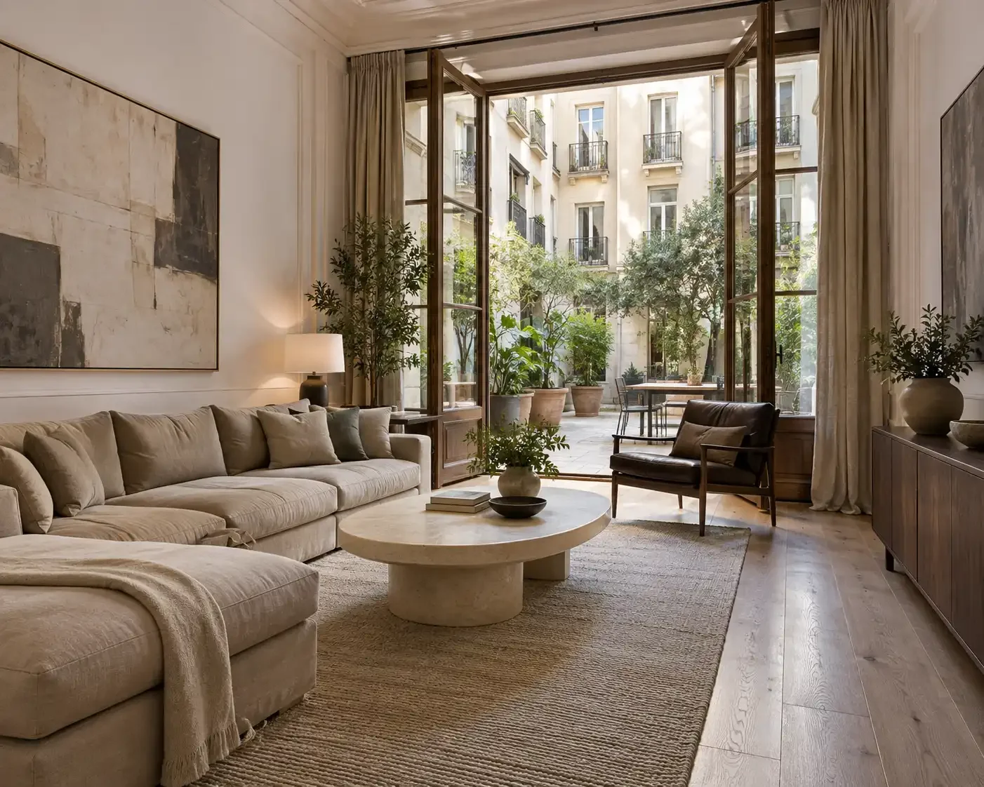 Salón en Barcelona con sofá esquinero crema y altas puertas de madera que se abren a un patio con plantas.