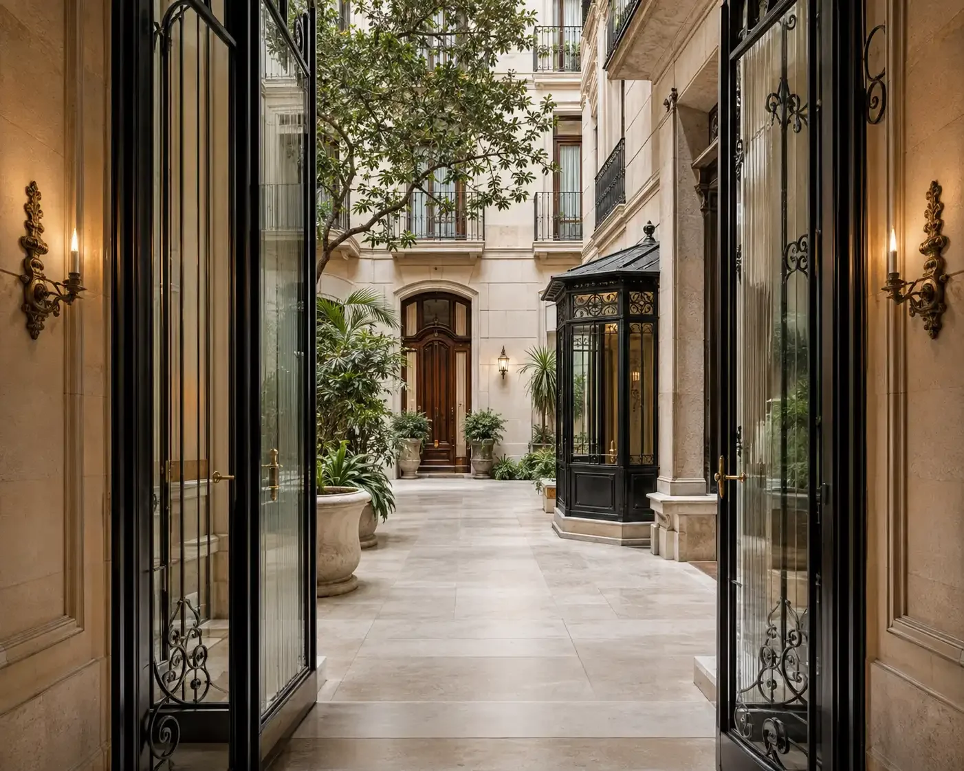 Özgün demir işçiliği ve olgun bitkilerle restore edilmiş premium Barcelona konut binası giriş avlusu.