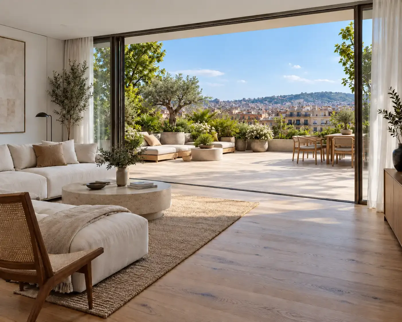 Salón de lujo en Barcelona con suelo de madera y acceso a una terraza ajardinada