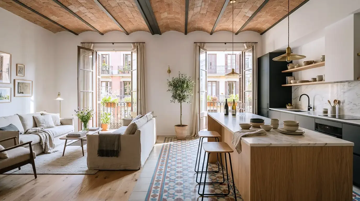Barcelona'da kiralık bir dairede açık mutfak, salon ve yemek alanını birleştiren modern yaşam alanı tasarımı.