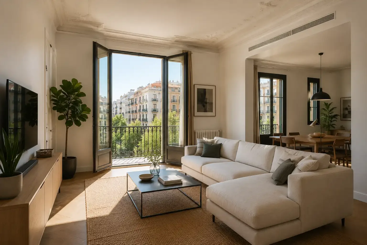 Bright and modern living room with a balcony in a Barcelona apartment.
