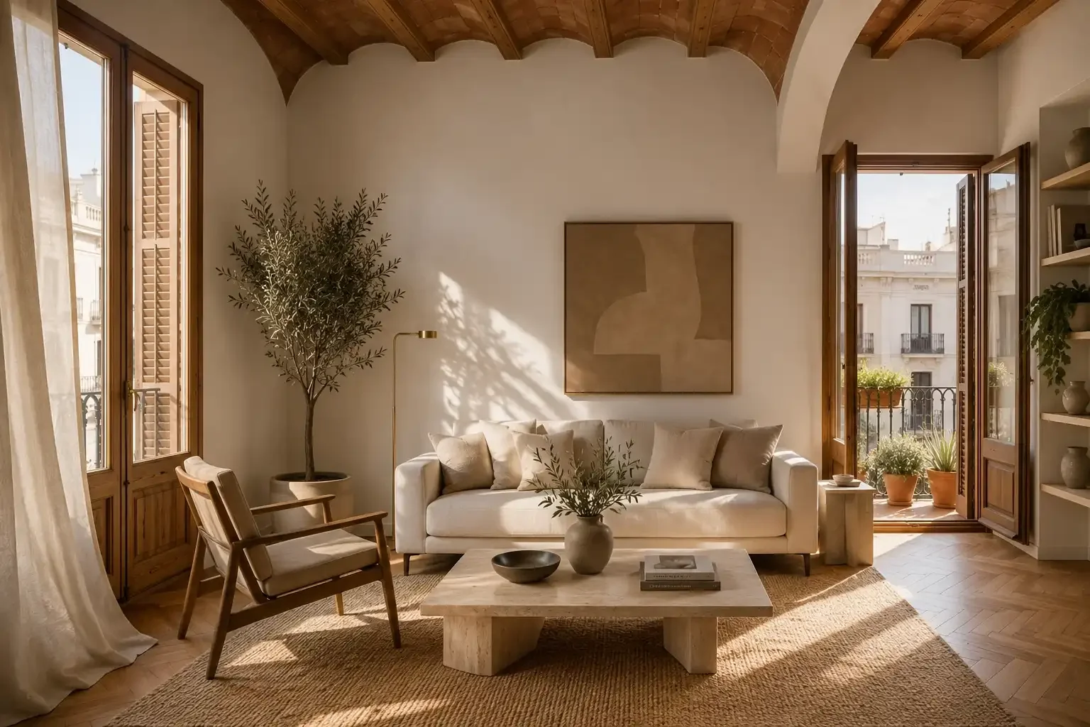 Bright Barcelona apartment living room with a traditional Catalan vaulted ceiling.