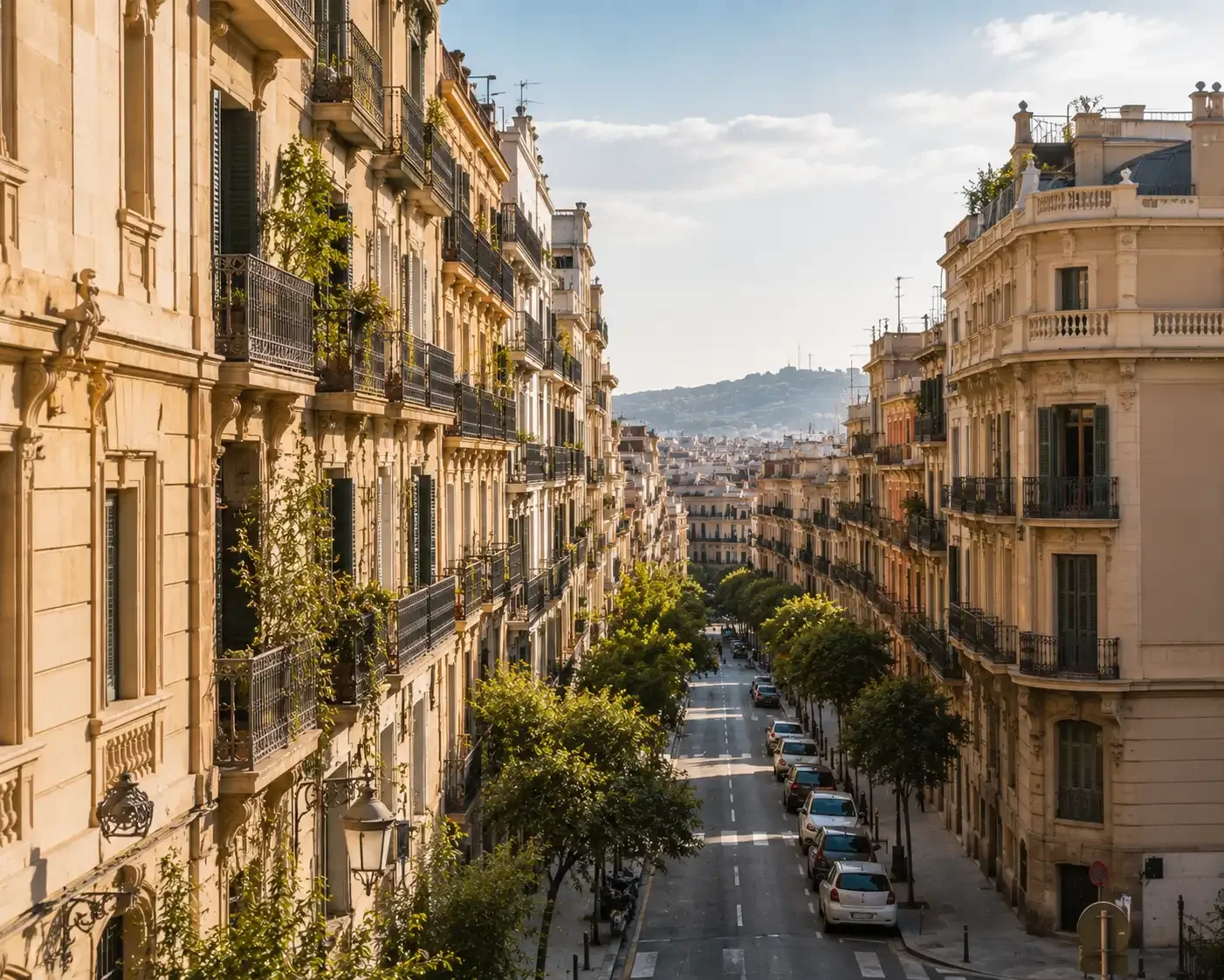 Barcelona'da bir daireden görülen konut binaları ve ağaçlı sokaklar