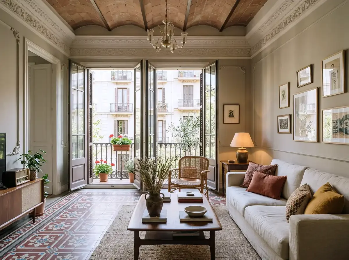 Interior de un piso de alquiler en Barcelona con abundante luz natural, espacio abierto y diseño mediterráneo atemporal.