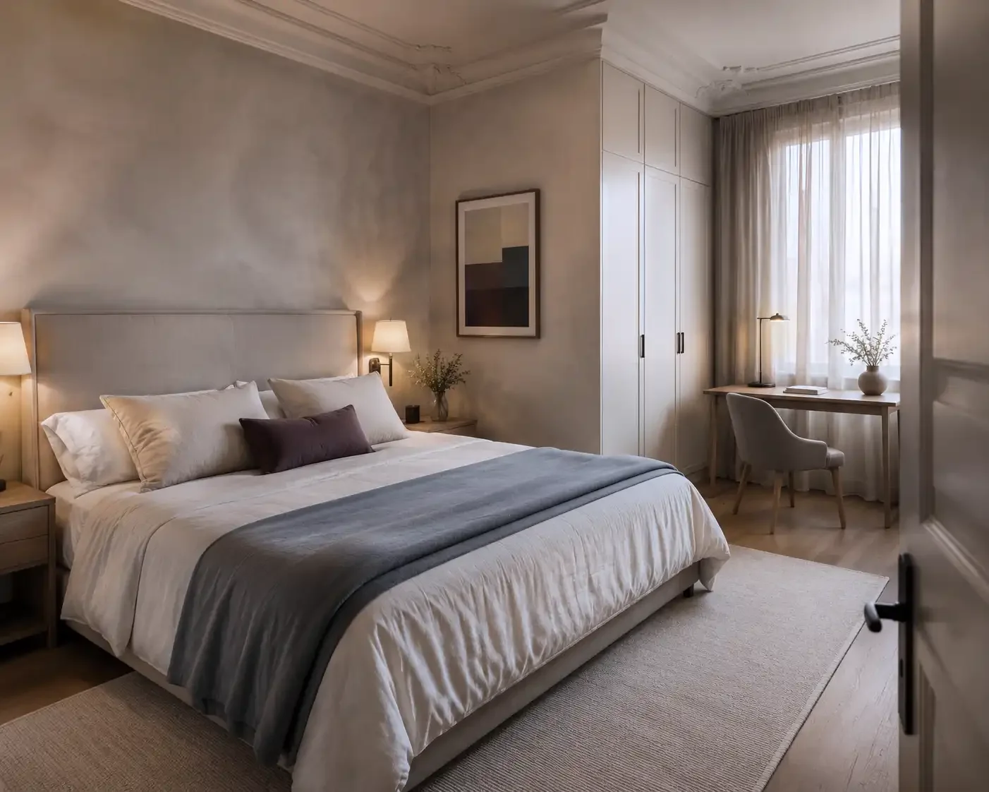 Dormitorio en Barcelona con zona de trabajo y almacenamiento preparado para alquiler de media estancia