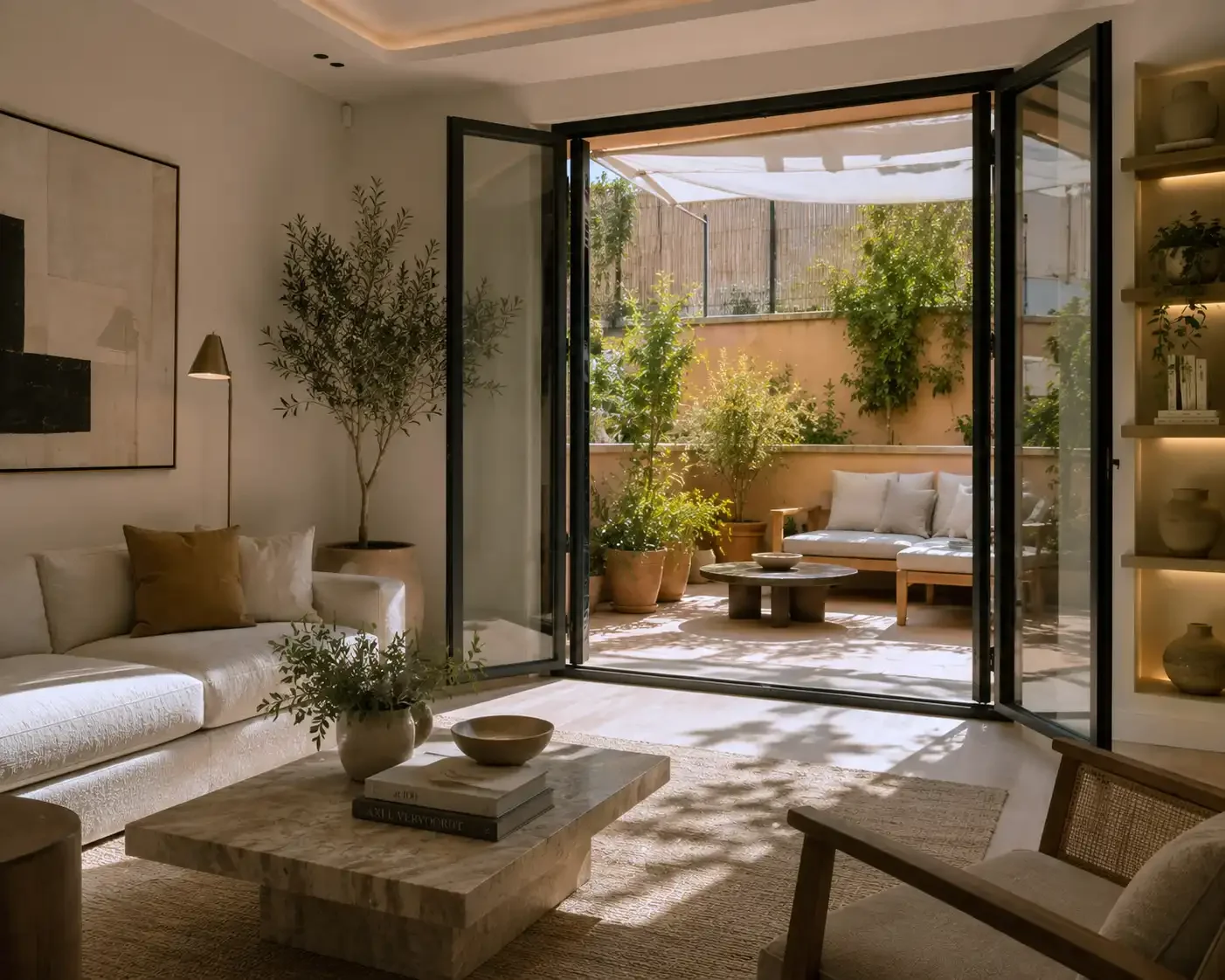 Barcelona’da tadilat sonrası özel terasa açılan aydınlık ve modern salon